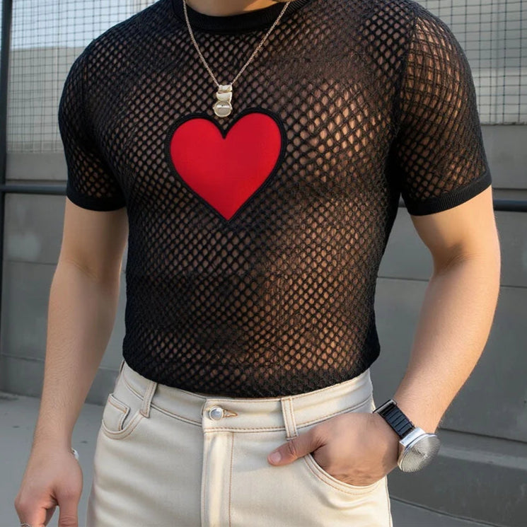 T-shirt casual a rete trasparente con cuore da uomo - Pantaloni uomo ATREND