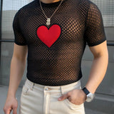 T-shirt casual a rete trasparente con cuore da uomo - Pantaloni uomo ATREND