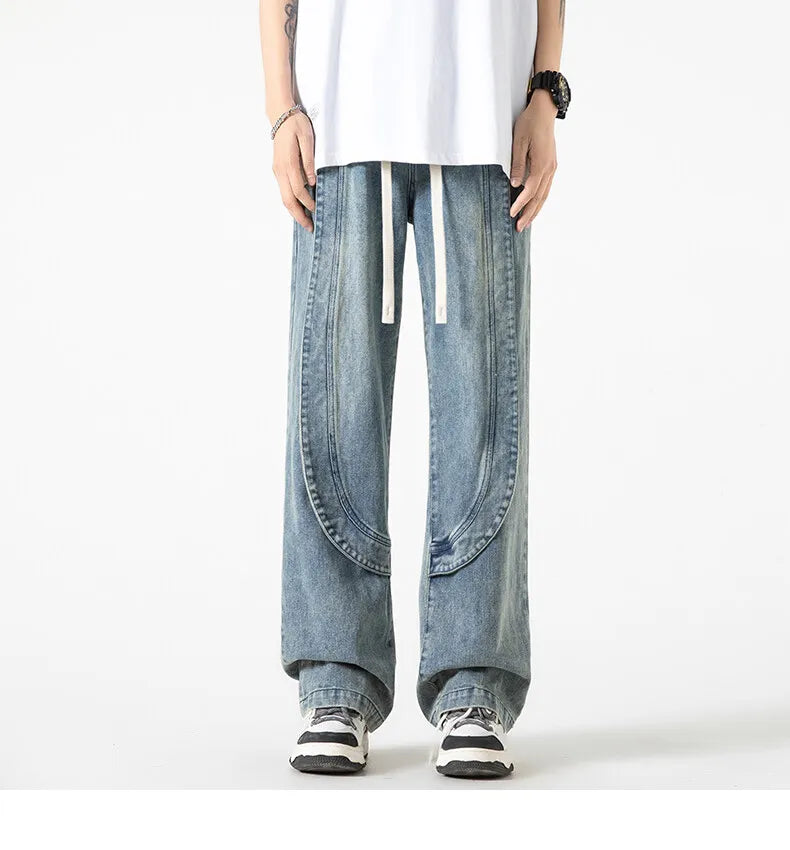 Jeans casual streetwears con gamba larga e chiusura a lacci da uomo - Jeans uomo ATREND