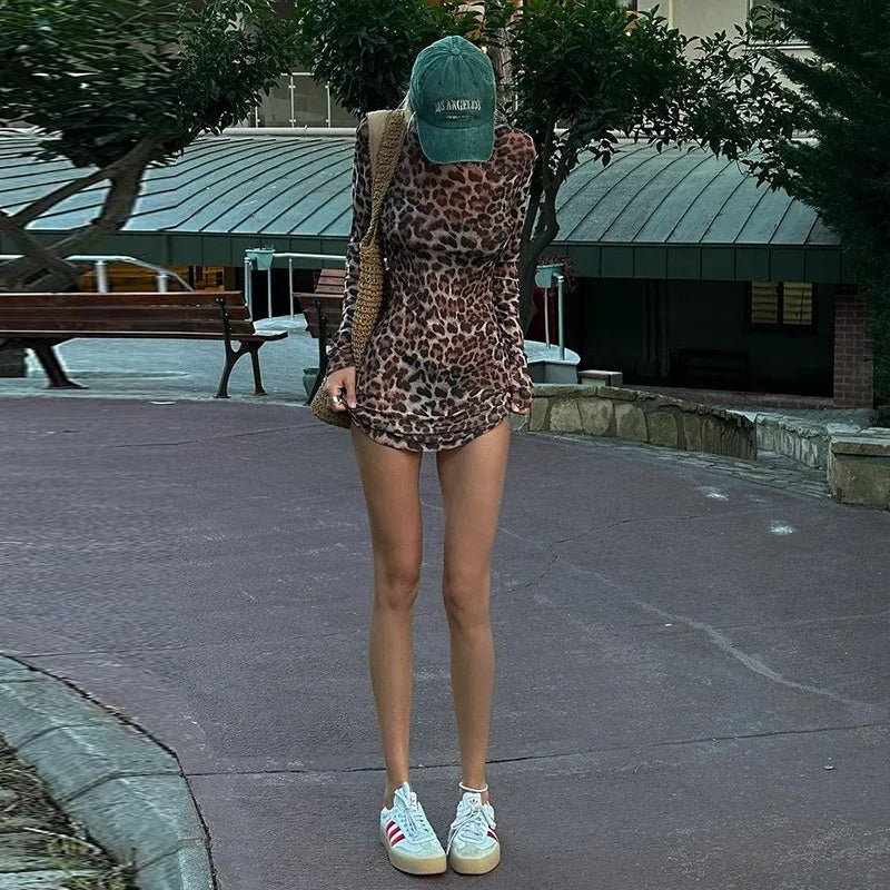Mini abito casual a maniche lunghe leopardato da donna - Abbigliamento Abiti ATREND