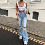 Women's Spring and Autumn New Fashion Casual Ripped High Waist Slightly Flared Jeans Slim Fit Washed Jeans Long Pants Y2k