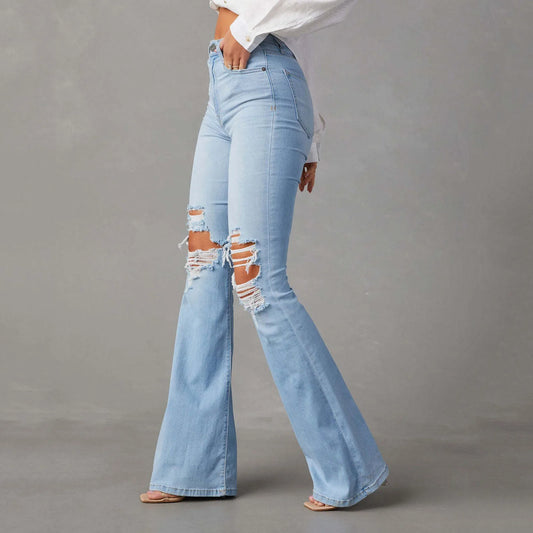 Women's Ripped Flare Jeans Mid Rise Wide Leg Bootcut Denim Pants Vintage Blue Streetwear Trousers