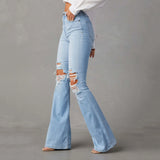 Women's Ripped Flare Jeans Mid Rise Wide Leg Bootcut Denim Pants Vintage Blue Streetwear Trousers