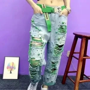 Summer New Women Fashion Embossed Holes Loose Jeans Women High Waist Personality Harem Pants Slim Denim Green Ripped Jeans Female
