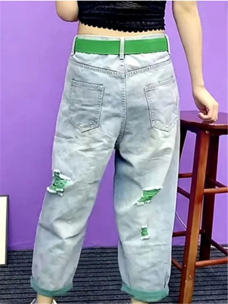 Summer New Women Fashion Embossed Holes Loose Jeans Women High Waist Personality Harem Pants Slim Denim Green Ripped Jeans Female
