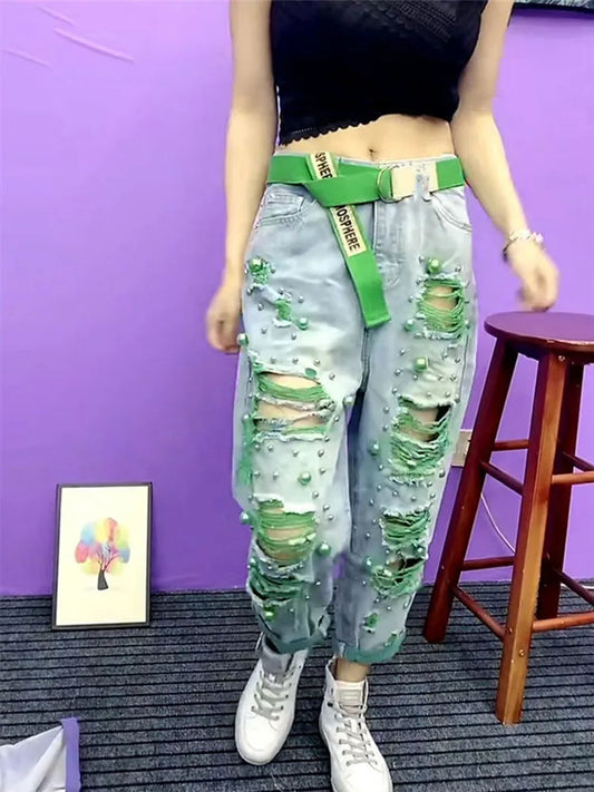 Summer New Women Fashion Embossed Holes Loose Jeans Women High Waist Personality Harem Pants Slim Denim Green Ripped Jeans Female