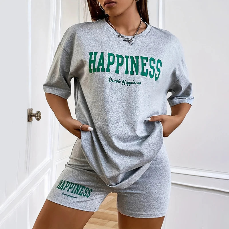Pigiama casual t-shirt e pantaloncini con stampa a lettere da donna - Pigiama donna ATREND