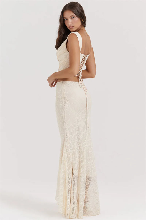 Set coordinato top e gonna lunga in pizzo da donna