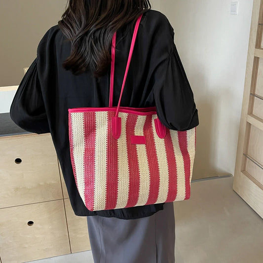 Borsa a spalla a righe in cotone da donna - Borsa a spalla ATREND