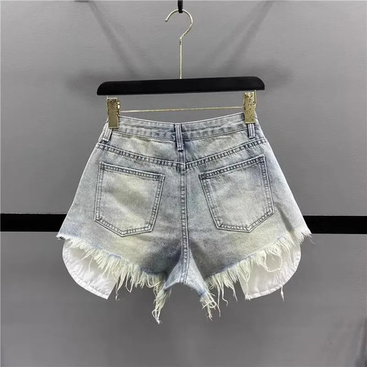 Pantaloncini di jeans strappati con frange da donna - Pantaloncini di jeans donna ATREND