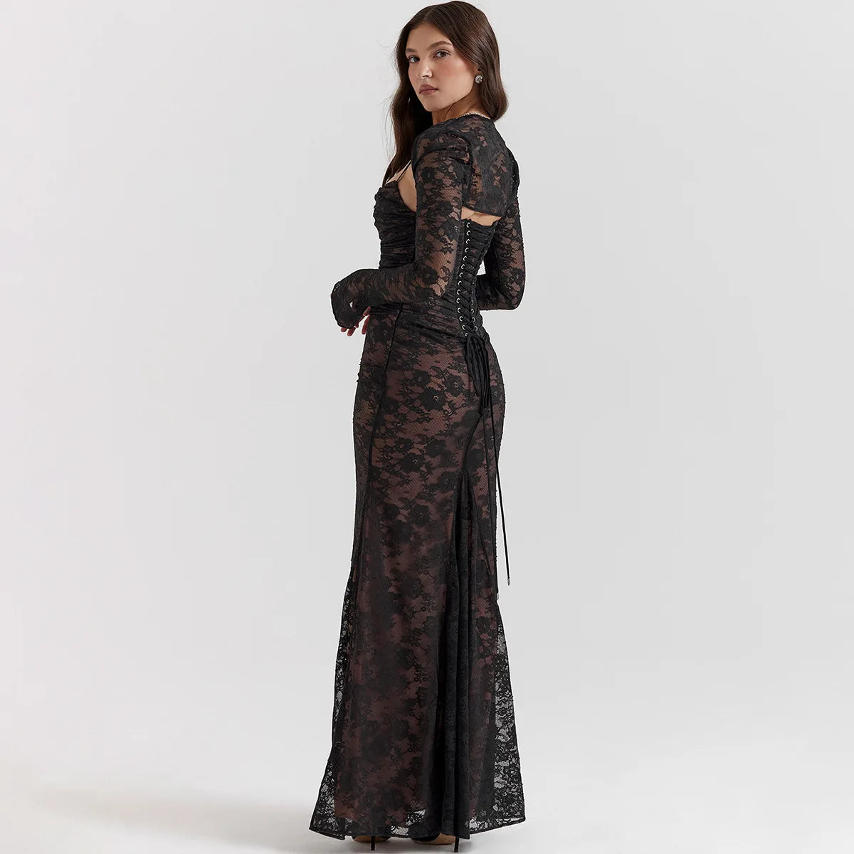 Abito lungo elegante in pizzo con copri spalle da donna - Abbigliamento Abiti ATREND