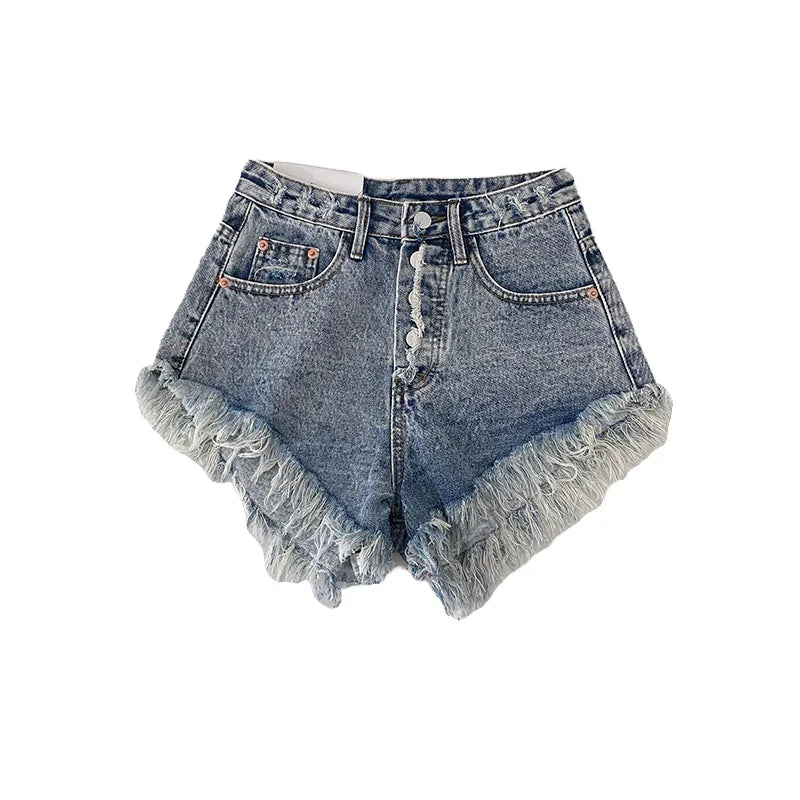 Pantaloncini di jeans sfumati con bordo di nappe e bottoni da donna - Pantaloncini di jeans donna ATREND