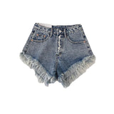 Pantaloncini di jeans sfumati con bordo di nappe e bottoni da donna - Pantaloncini di jeans donna ATREND