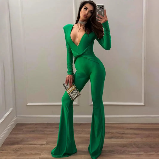 Jumpsuit casual con scollo profondo a V e gamba larga da donna - Abbigliamento Abiti ATREND
