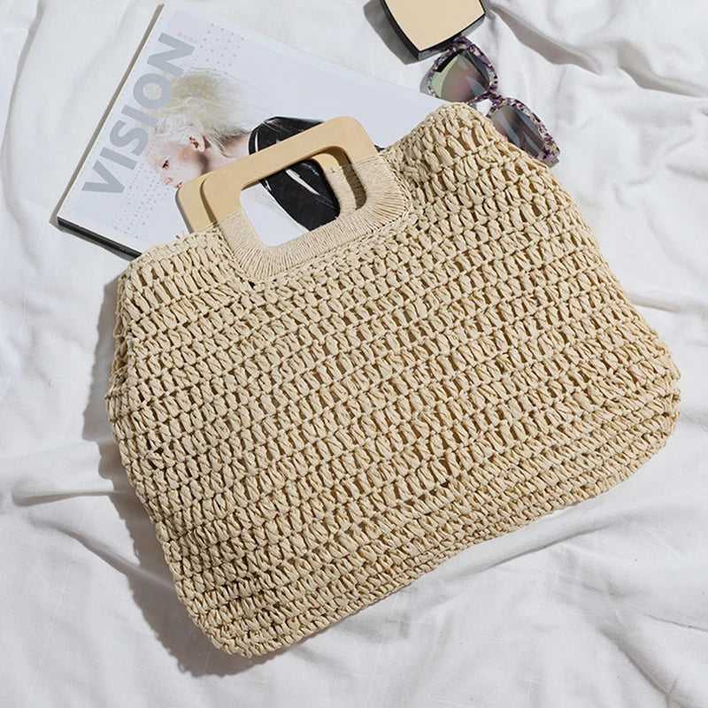 Borsa a mano casual in cotone con maniglia in legno da donna - Borsa a mano ATREND