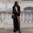 Abito lungo casual a maniche lunghe con scollo a V profondo da donna - Abbigliamento Abiti ATREND
