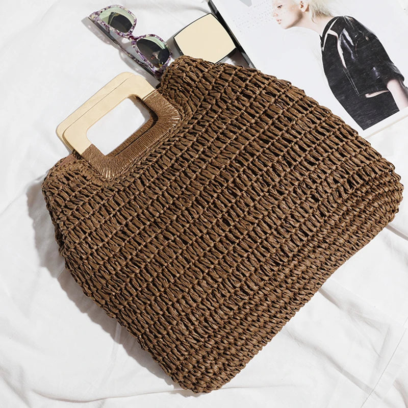 Borsa a mano casual in cotone con maniglia in legno da donna - Borsa a mano ATREND