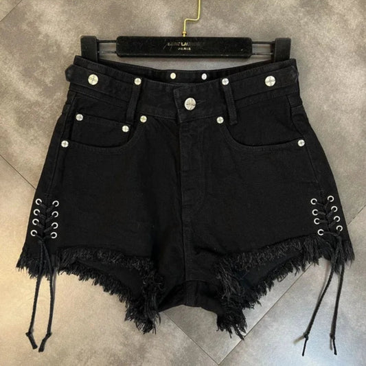 Pantaloncini di jeans con coulisse frange brillantini e croce da donna - Pantaloncini di jeans donna ATREND