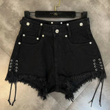 Pantaloncini di jeans con coulisse frange brillantini e croce da donna - Pantaloncini di jeans donna ATREND