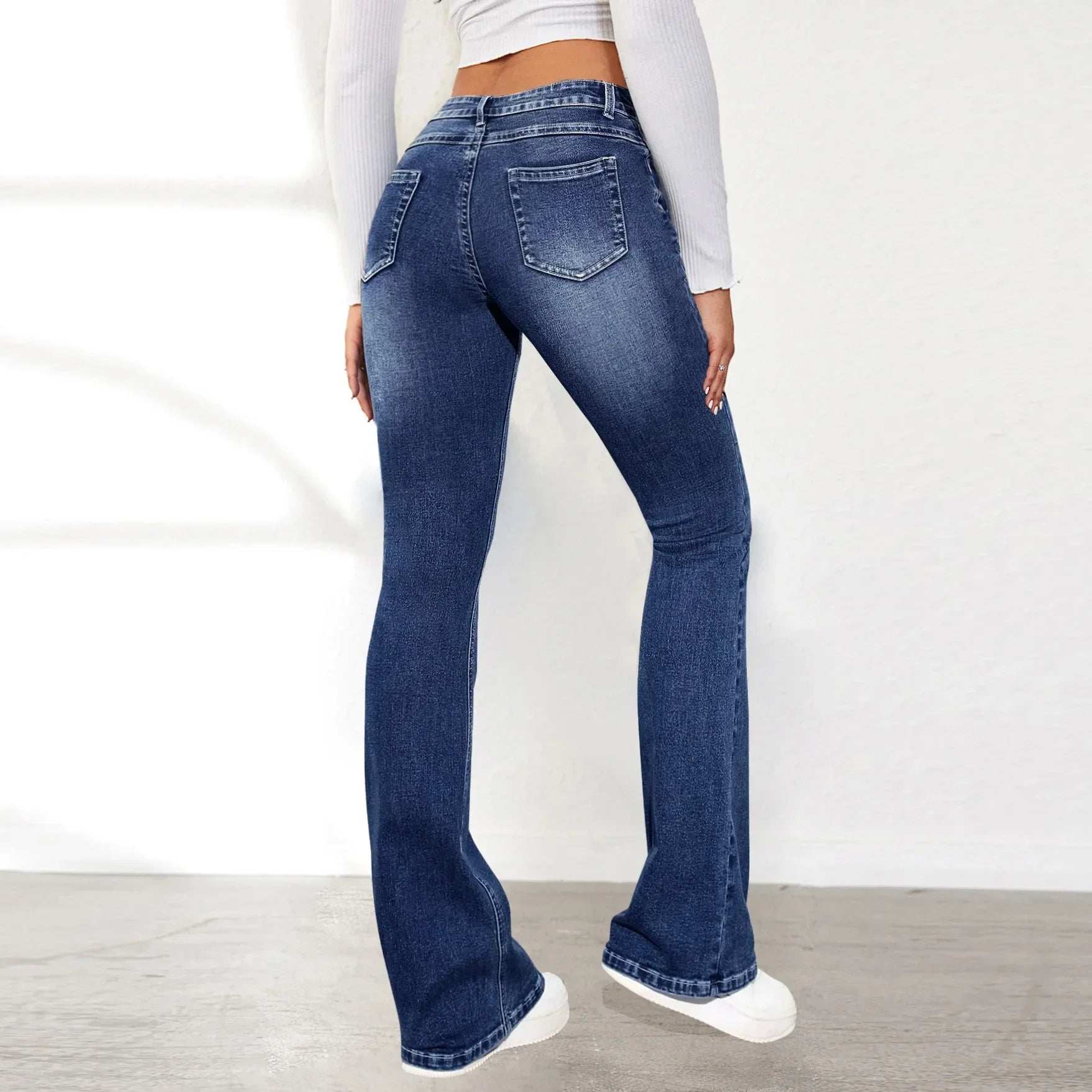 Women's Jeans Slim Fit Flared Pants Washable Denim Pockets High Waist Solid Ankle Length Boot Cut Streetwear Casual Zipper Fly