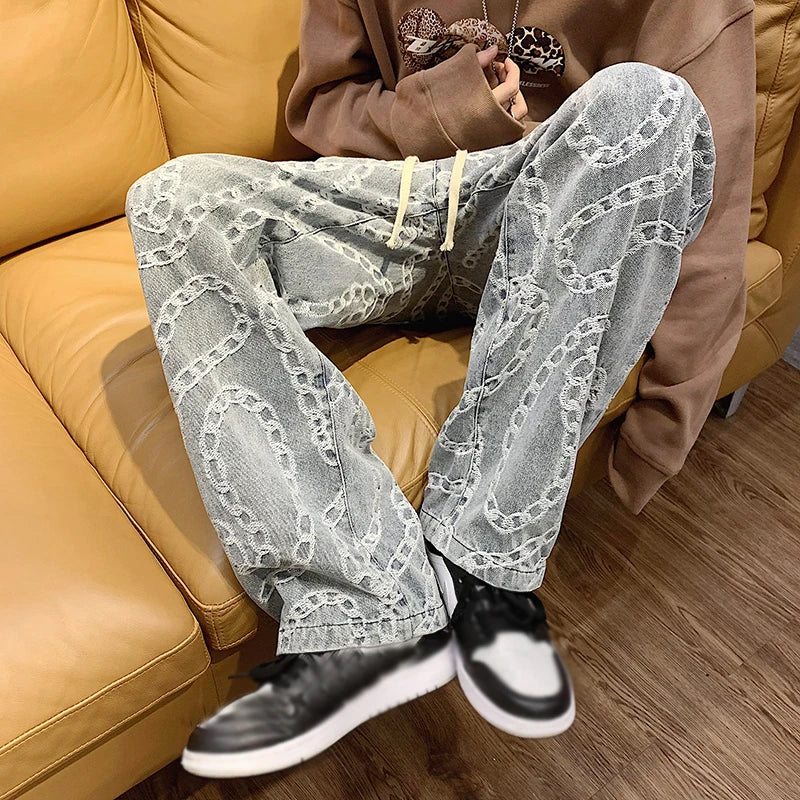 Jeans casual a gamba larga con disegno a catena da donna - Jeans uomo ATREND