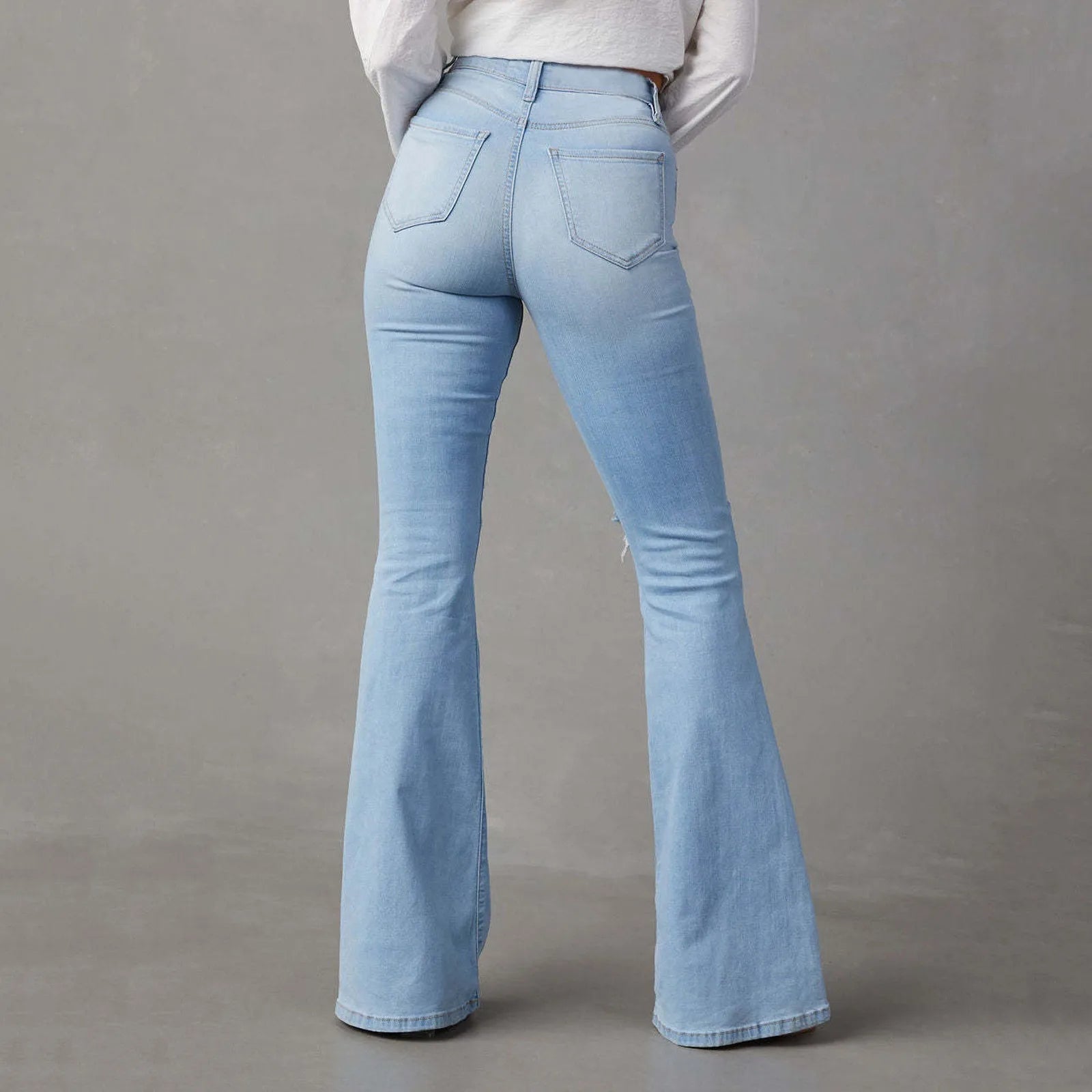 Women's Ripped Flare Jeans Mid Rise Wide Leg Bootcut Denim Pants Vintage Blue Streetwear Trousers