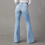 Women's Ripped Flare Jeans Mid Rise Wide Leg Bootcut Denim Pants Vintage Blue Streetwear Trousers