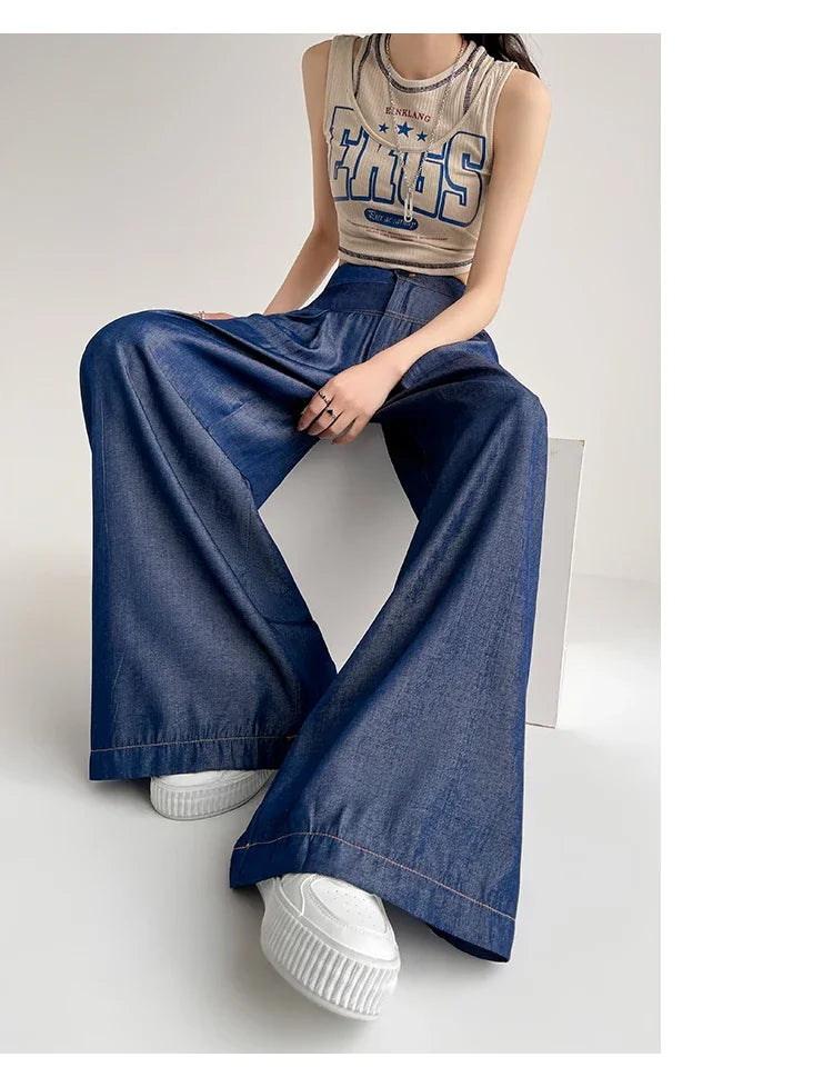 Women's Summer Soft Loose Jeans Slim High Waist Korean Style Fall Silk Wide Leg Pants Fashion Oversized Female Ladies Clothes