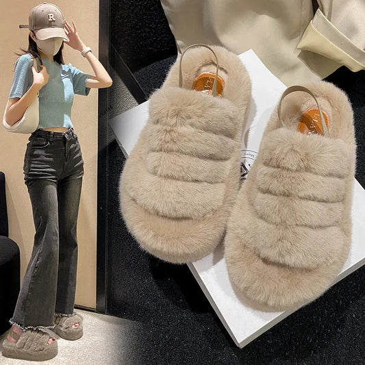 Pantofole in pelo con cinturino elastico da donna