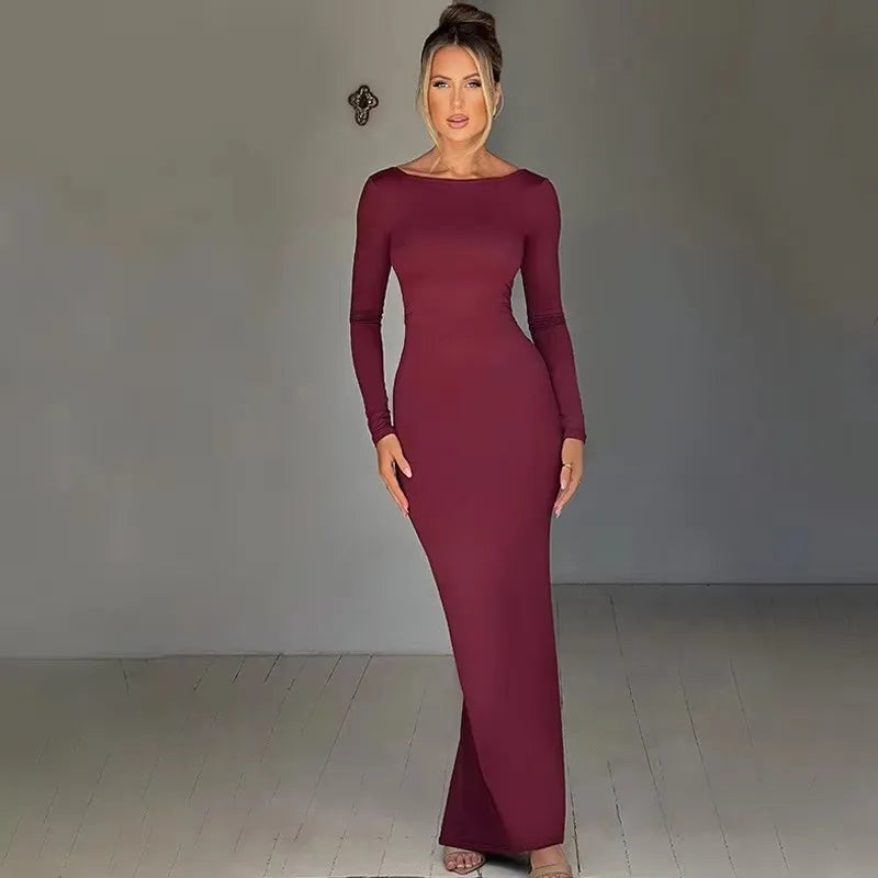 Abito lungo elegante scavato a maniche lunghe da donna - Abbigliamento Abiti ATREND