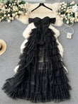 Abito lungo a body patchwork plissettato con tulle e pailettes da donna ATREND