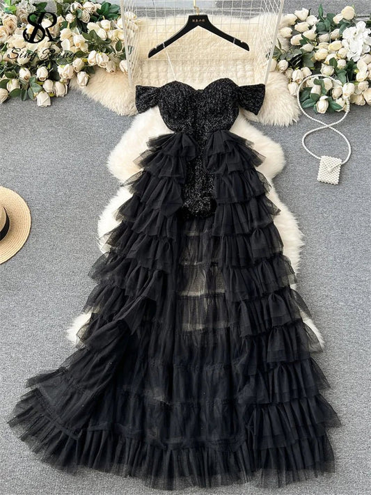 Abito lungo a body patchwork plissettato con tulle e pailettes da donna ATREND
