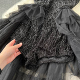 Abito lungo a body patchwork plissettato con tulle e pailettes da donna ATREND