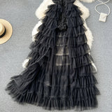 Abito lungo a body patchwork plissettato con tulle e pailettes da donna ATREND