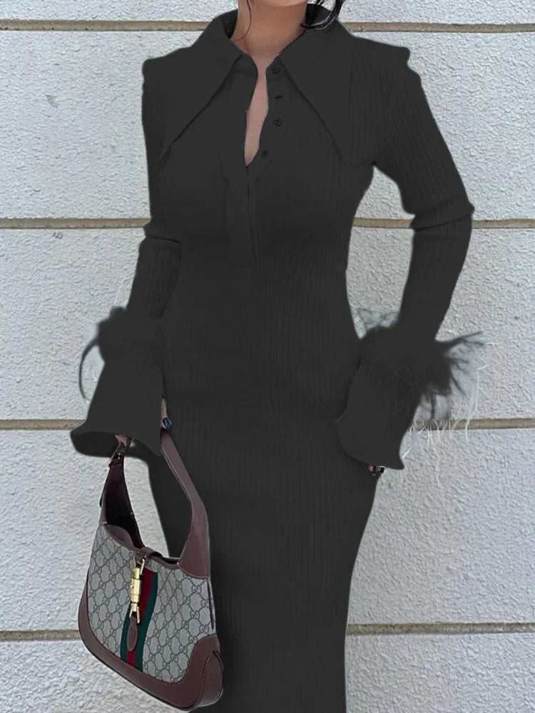 Abito lungo a maniche lunghe con piume da donna ATREND