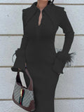 Abito lungo a maniche lunghe con piume da donna ATREND