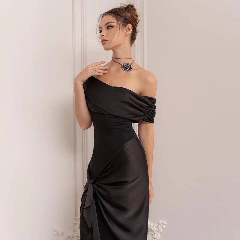 Abito lungo con nastro patchwork mono spalla da donna ATREND