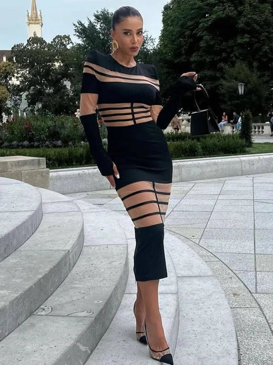 Abito lungo patchwork con trasparenze da donna ATREND