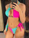 Bikini casual bicolor reggiseno con pietre e mutande con lacci da donna ATREND