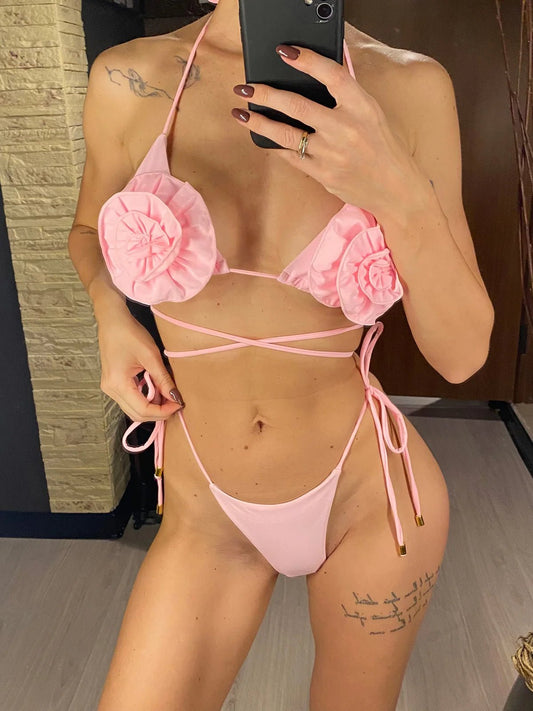 Bikini due pezzi reggiseno con fiore e mutande con lacci da donna ATREND