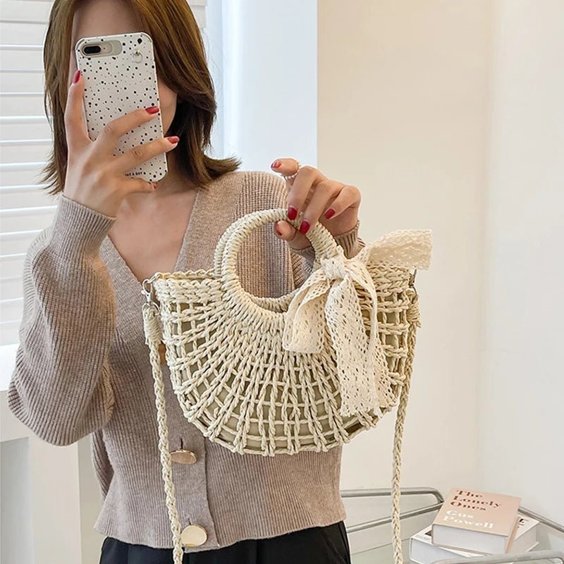 Borsa a mano con tracolla in paglia intrecciata con fiocco da donna ATREND
