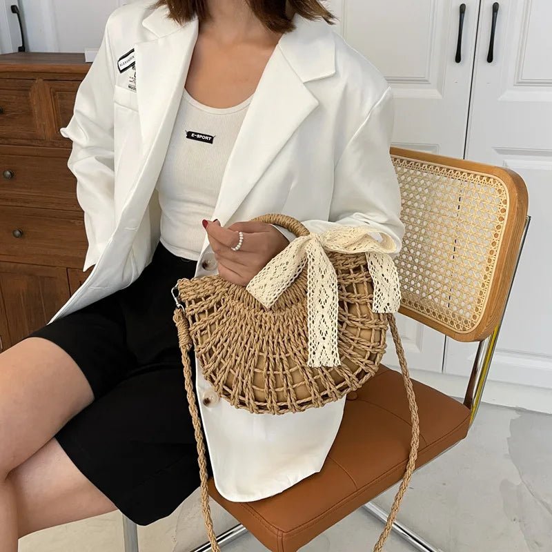 Borsa a mano con tracolla in paglia intrecciata con fiocco da donna ATREND