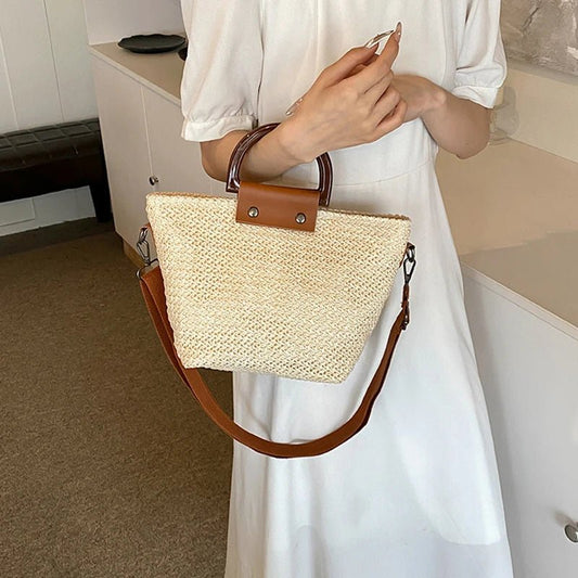 Borsa a mano patchwork con tracolla in paglia da donna ATREND