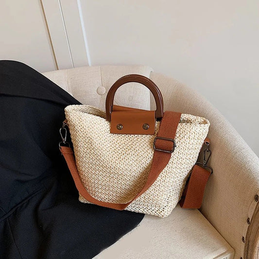 Borsa a mano patchwork con tracolla in paglia da donna ATREND