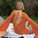 Copri costume scavato a maniche lunghe largo da donna - copri costume ATREND
