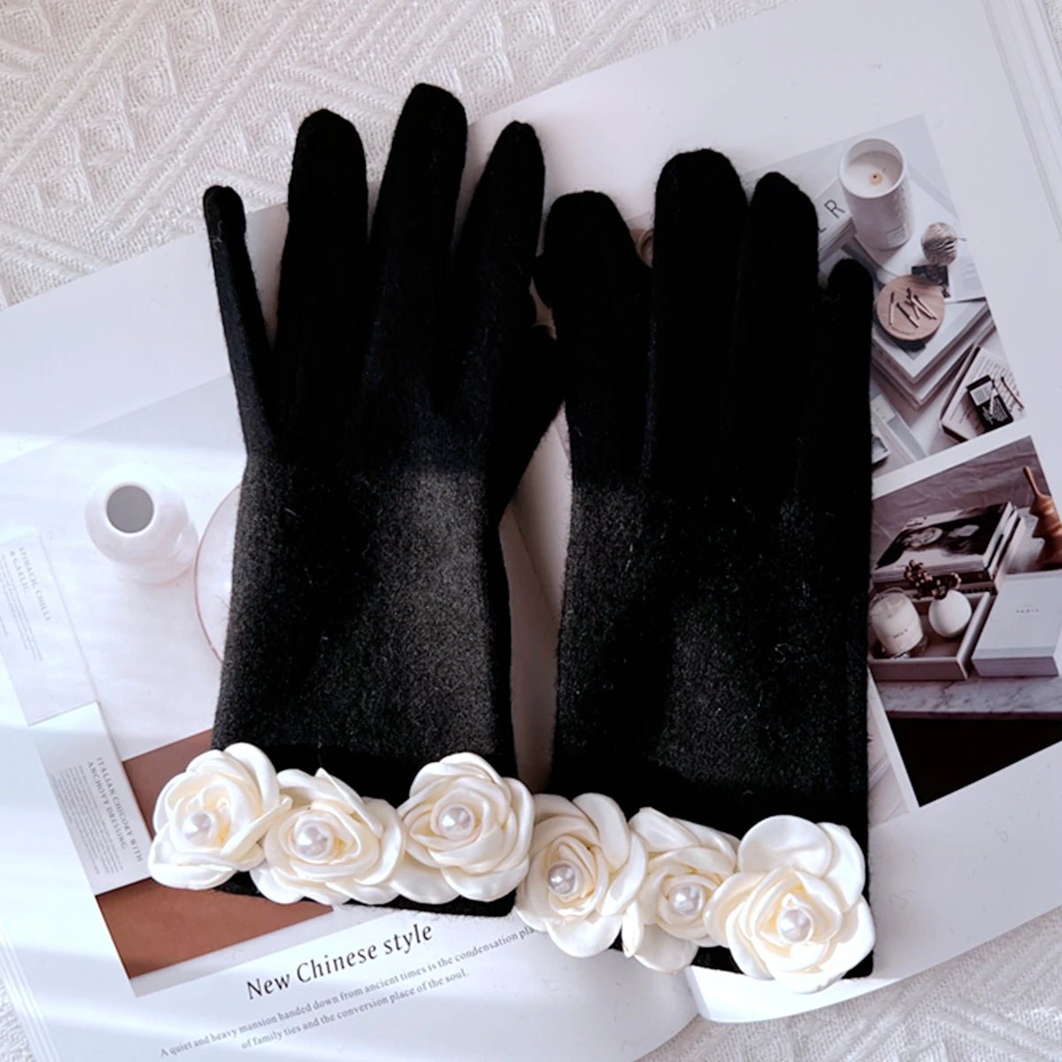 Guanti casual di lana con fiori da donna - Guanti donna ATREND