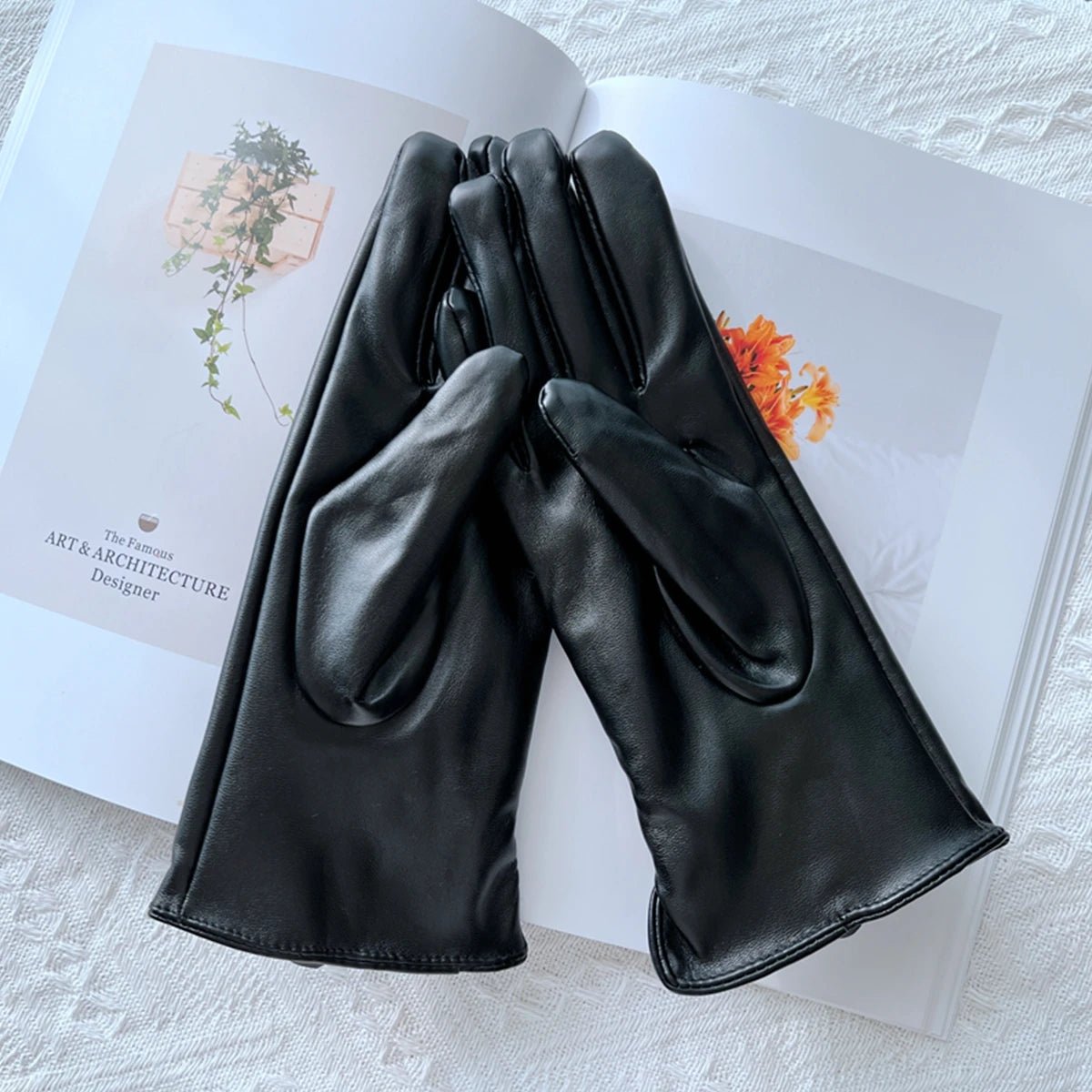 Guanti casual in pelle PU e pelo con fiore da donna - Guanti donna ATREND