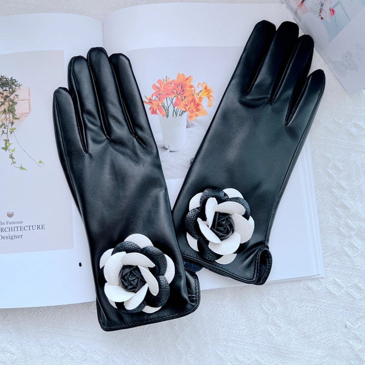 Guanti casual in pelle PU e pelo con fiore da donna - Guanti donna ATREND