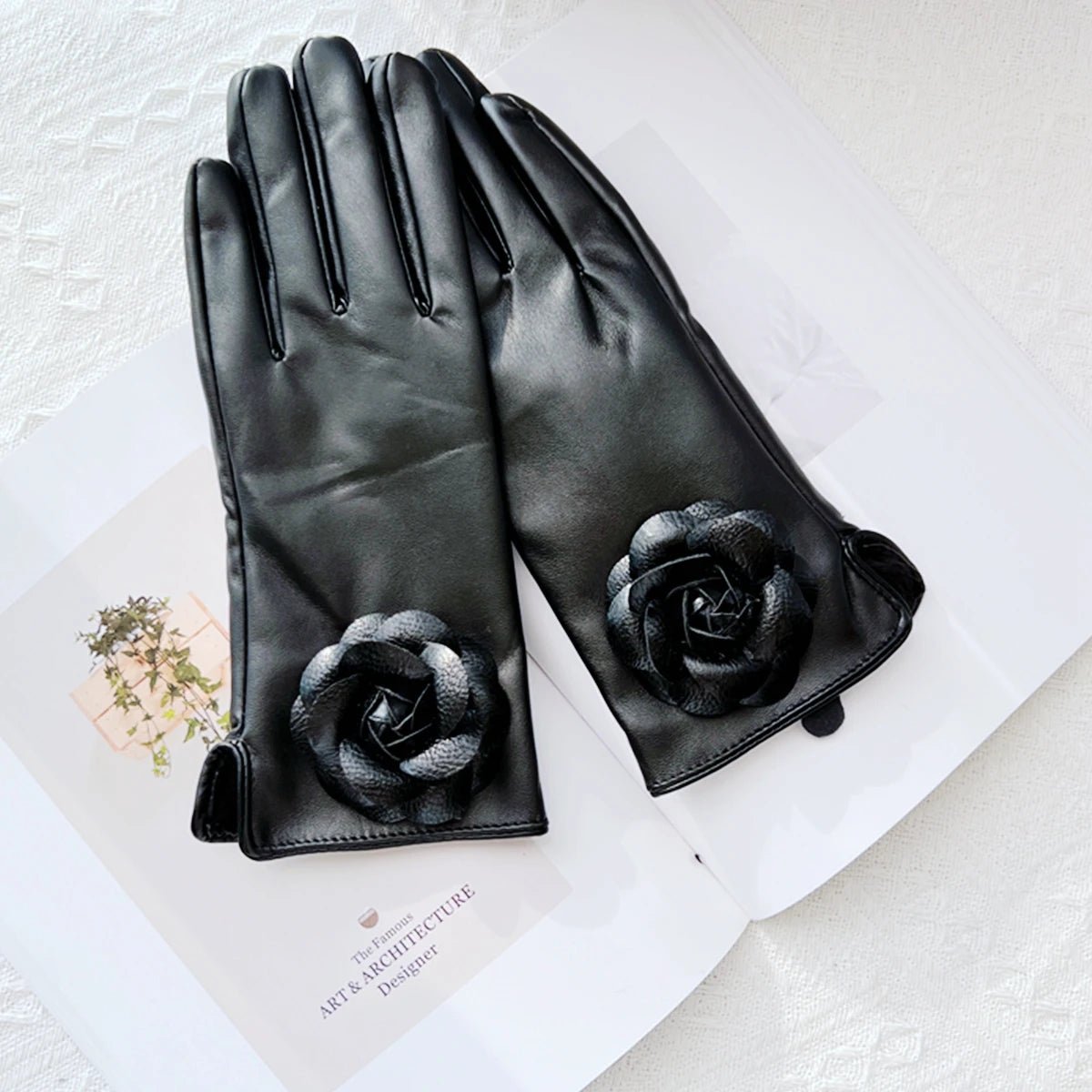 Guanti casual in pelle PU e pelo con fiore da donna - Guanti donna ATREND