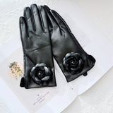 Guanti casual in pelle PU e pelo con fiore da donna - Guanti donna ATREND